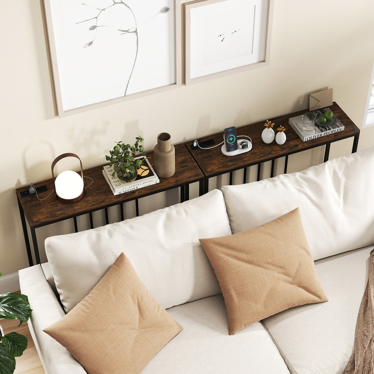 Console Table with Charging Station and Power Outlets for Hallway-Rustic Brown