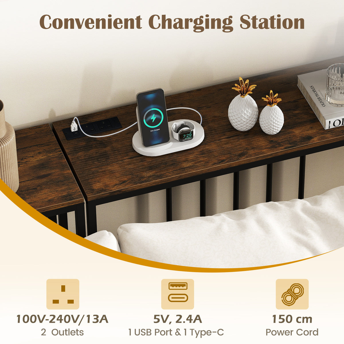 Console Table with Charging Station and Power Outlets for Hallway-Rustic Brown
