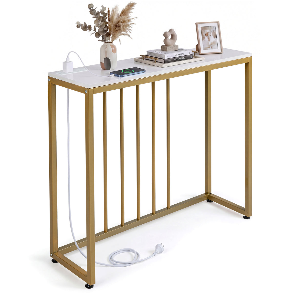 Console Table with Charging Station and Power Outlets for Hallway-White