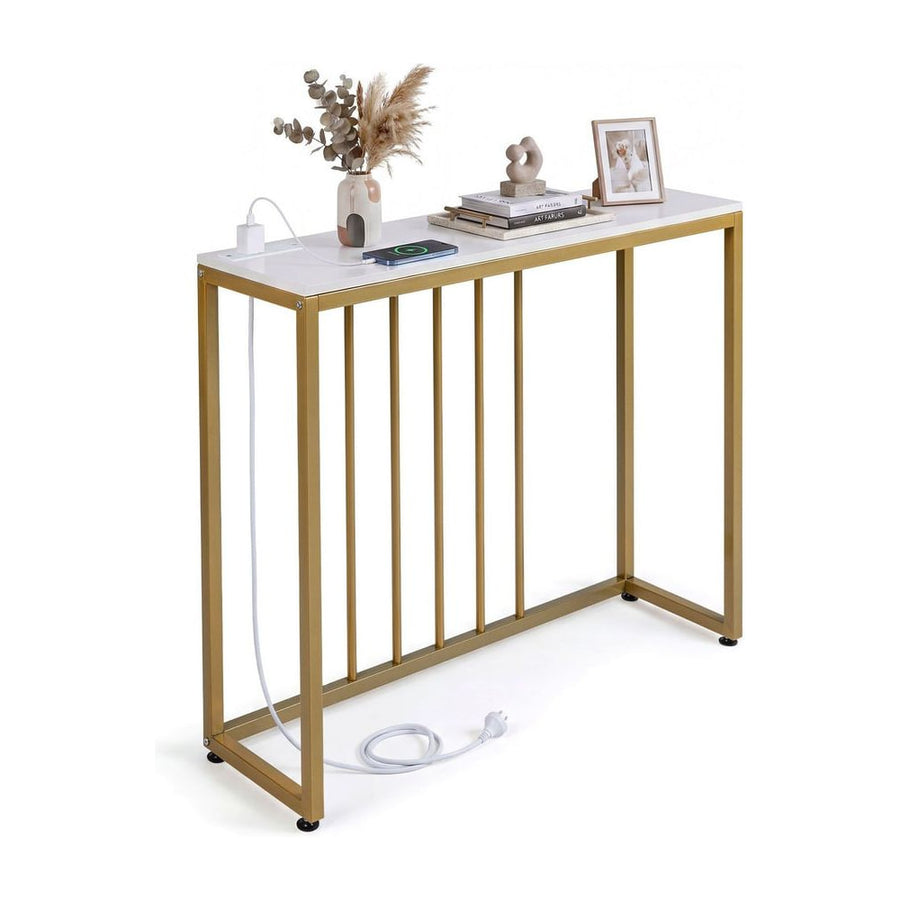 Console Table with a white top and gold frame featuring a charging station and decor items