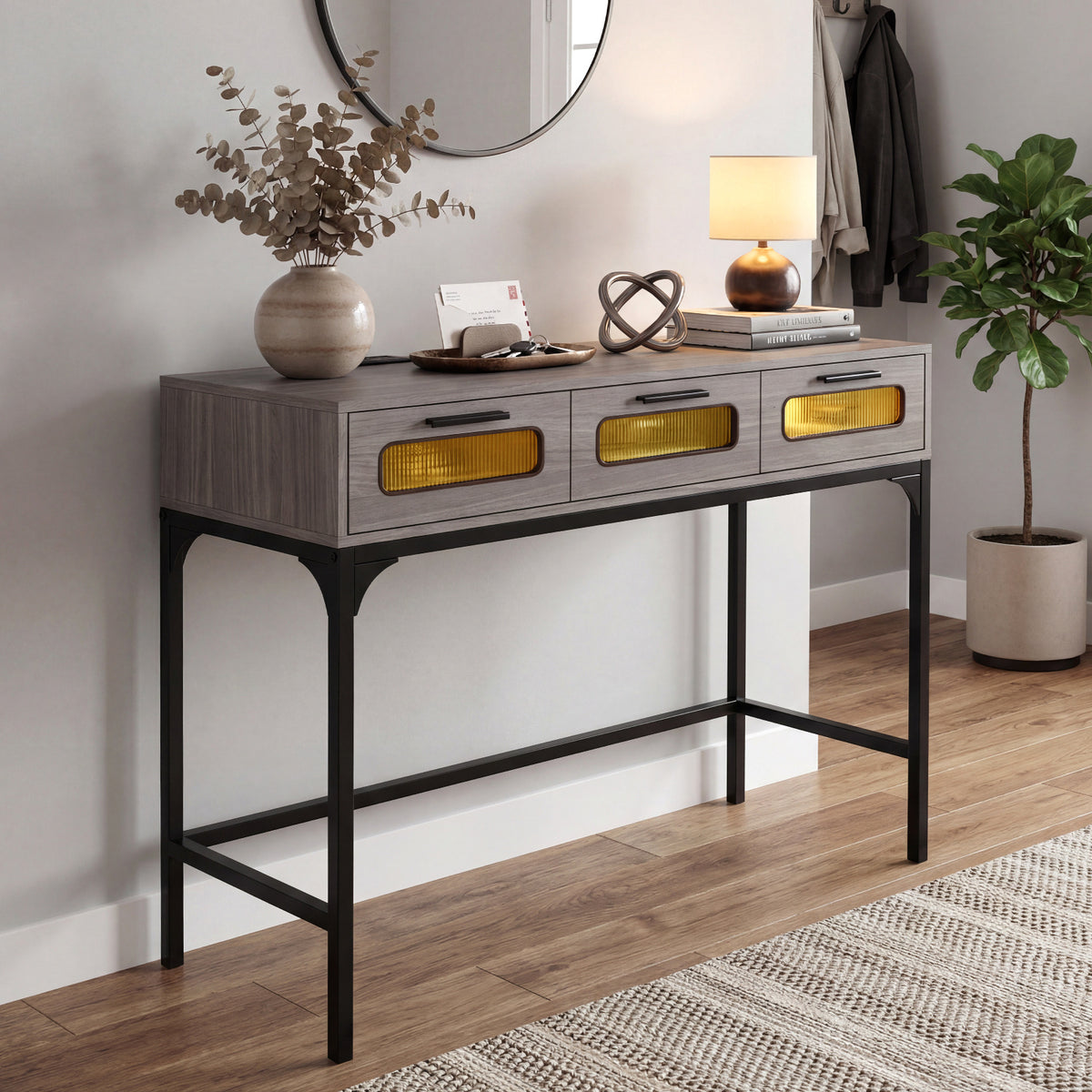Console Table with Charging Station with Drawers and LED Lights-Grey