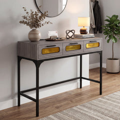 Console Table with Charging Station with Drawers and LED Lights-Grey