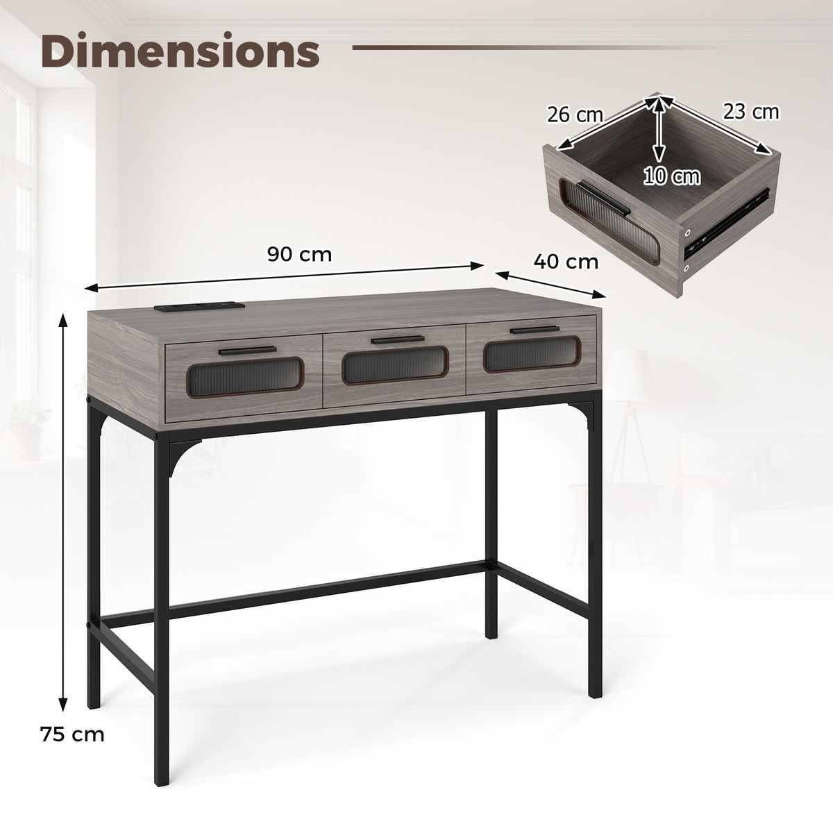 Console Table with Charging Station with Drawers and LED Lights-Grey