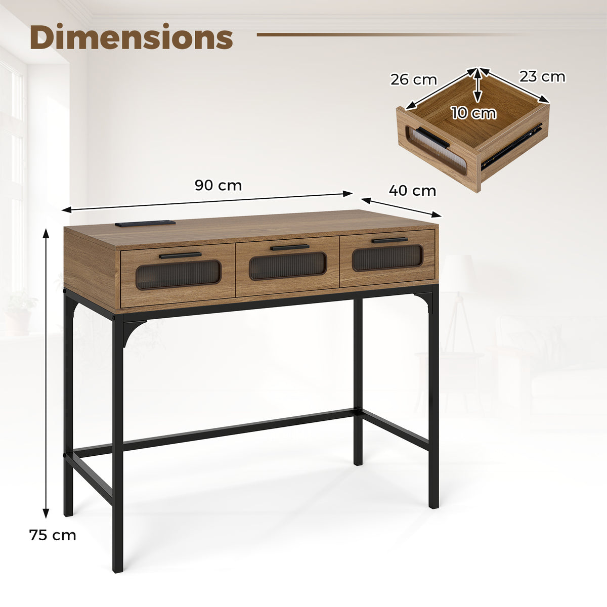 Console Table with Charging Station with Drawers and LED Lights-Natural