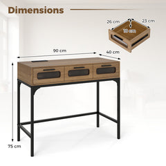 Console Table with Charging Station with Drawers and LED Lights-Natural