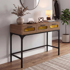 Console Table with Charging Station with Drawers and LED Lights-Natural