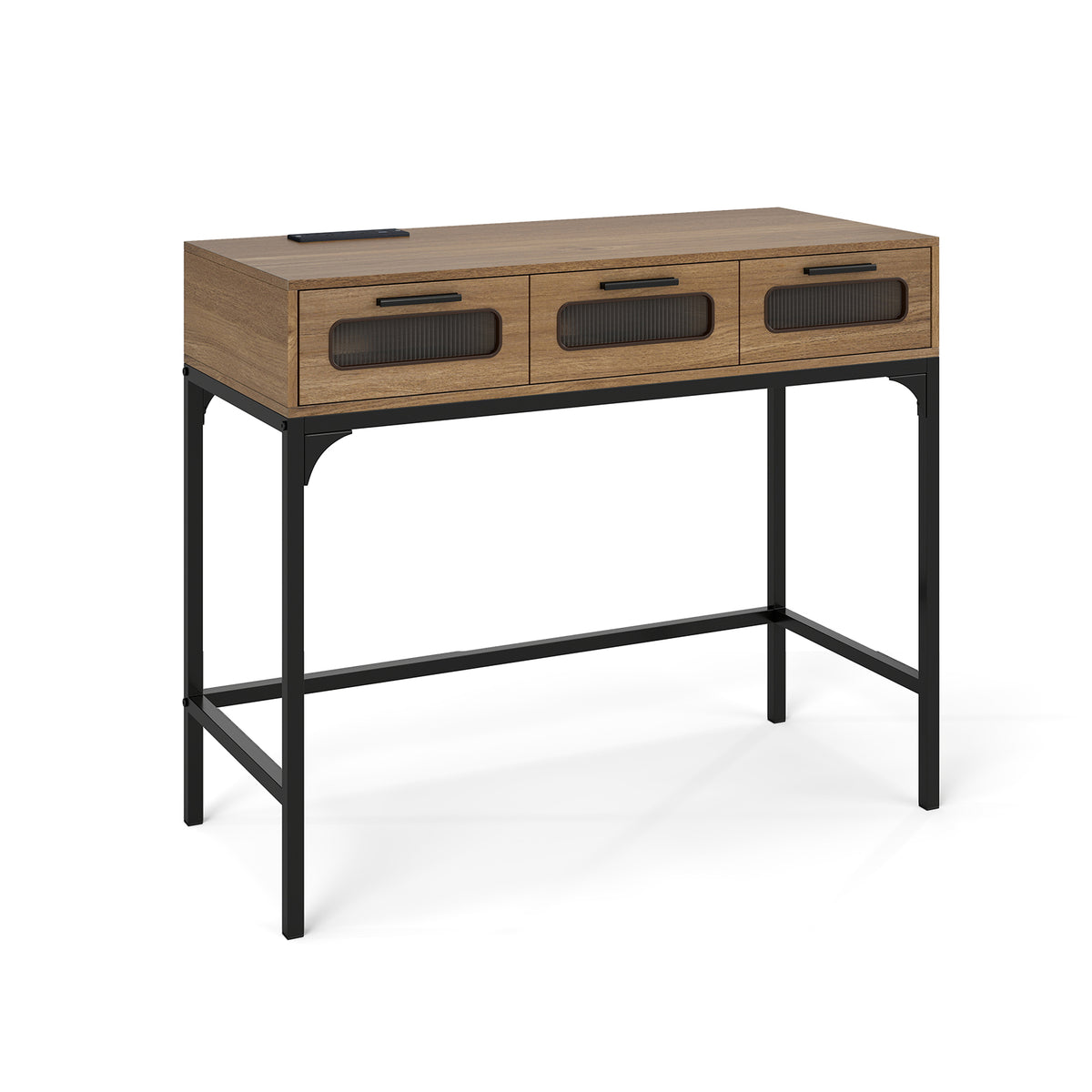 Console Table with Charging Station with Drawers and LED Lights-Natural