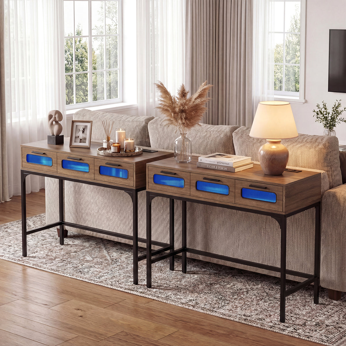 Console Table with Charging Station with Drawers and LED Lights-Natural