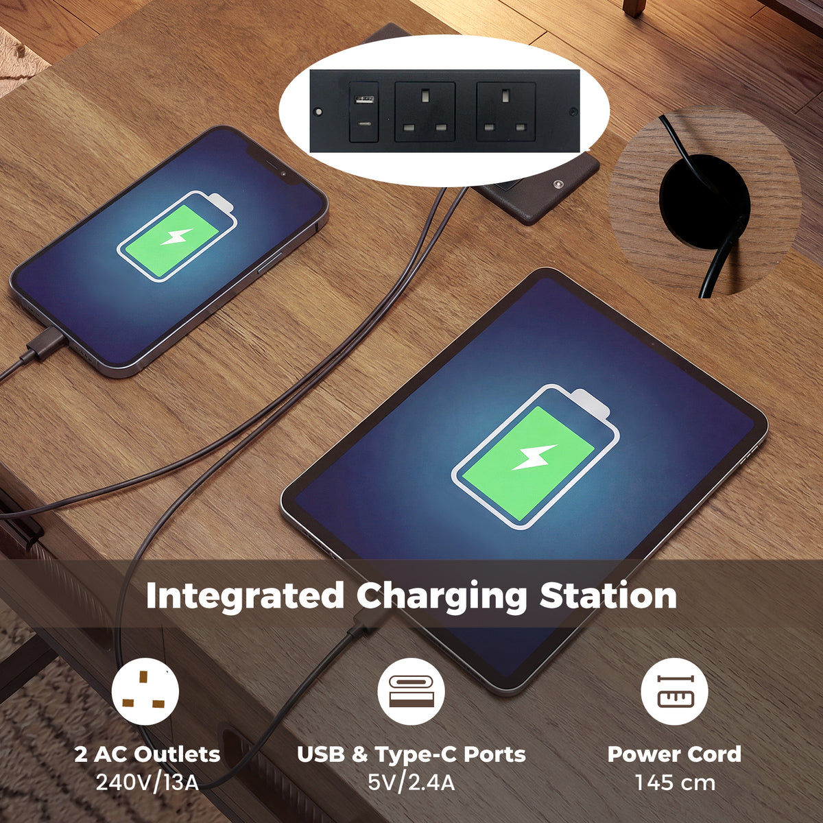 Console Table with Charging Station with Drawers and LED Lights-Natural