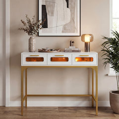 Console Table with Charging Station with Drawers and LED Lights-White