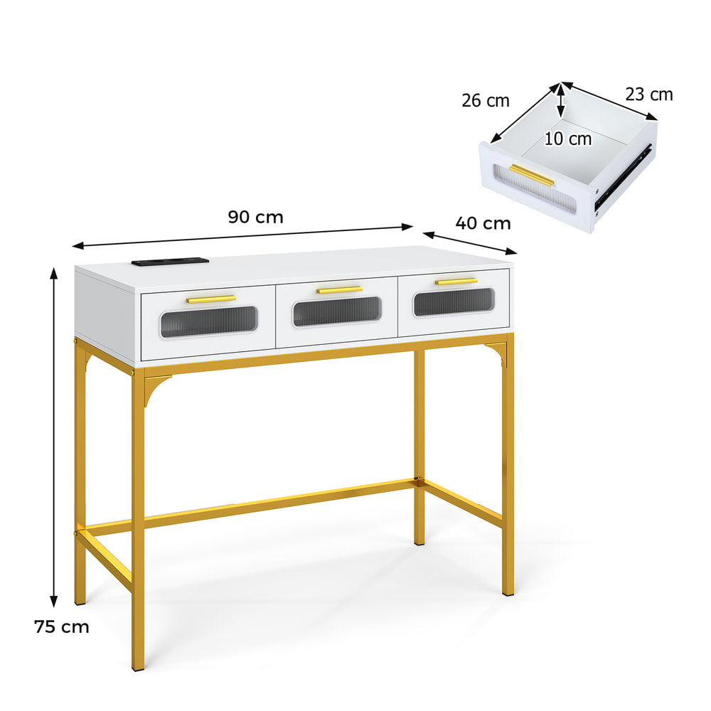 White console table with gold legs showing dimensions and an open drawer