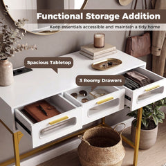 Functional storage addition console table with three roomy drawers open