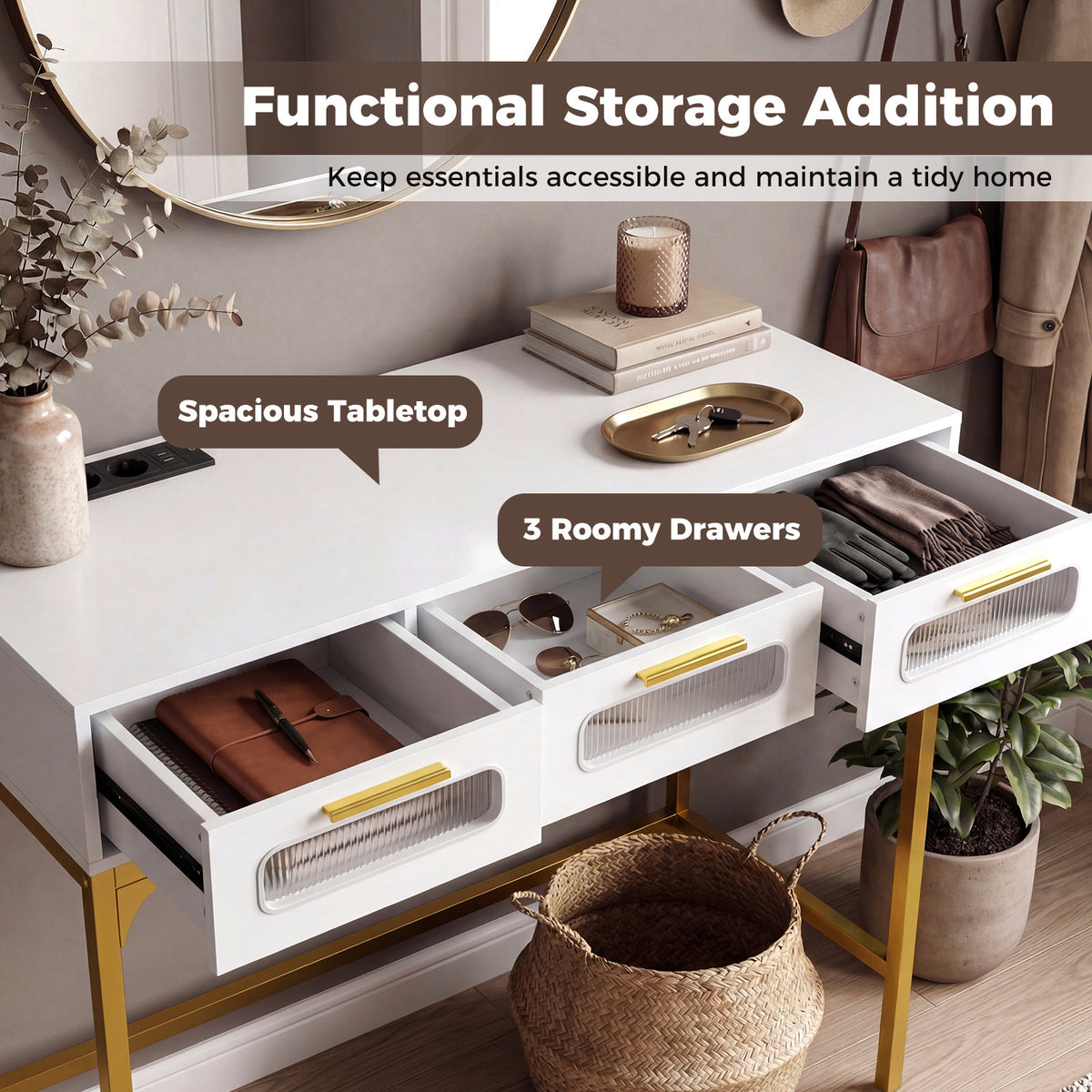 Functional storage addition console table with three roomy drawers open