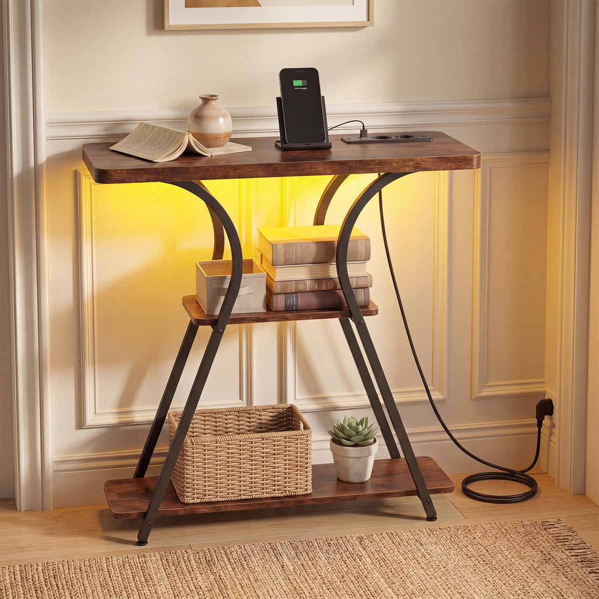 Console Table with LED Lights Power Outlets and Storage Shelves for Entryway-Rustic Brown
