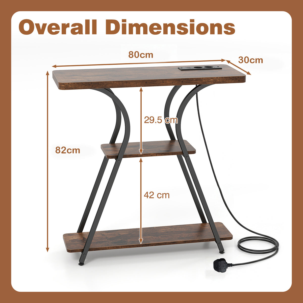 Console Table with LED Lights Power Outlets and Storage Shelves for Entryway-Rustic Brown