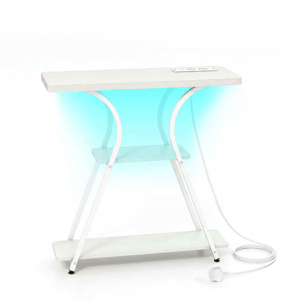 Console Table with LED Lights Power Outlets and Storage Shelves for Entryway-White