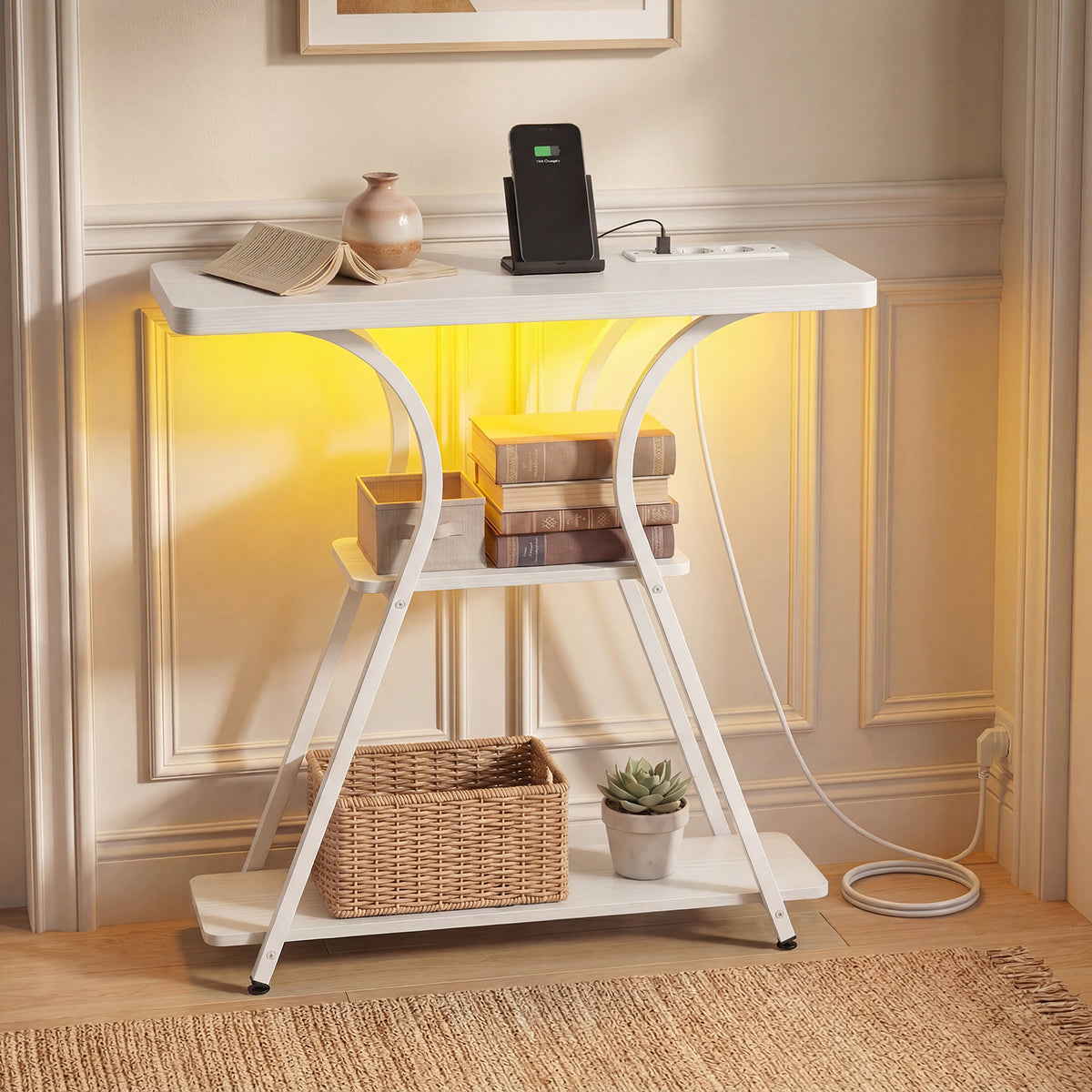 Console Table with LED Lights Power Outlets and Storage Shelves for Entryway-White