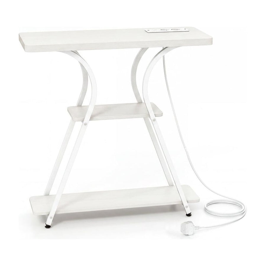 Console Table with LED lights and power outlets, white finish, two shelves and a white cable