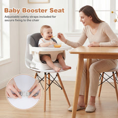 The baby booster seat secured to a dining chair with a close-up of the safety straps