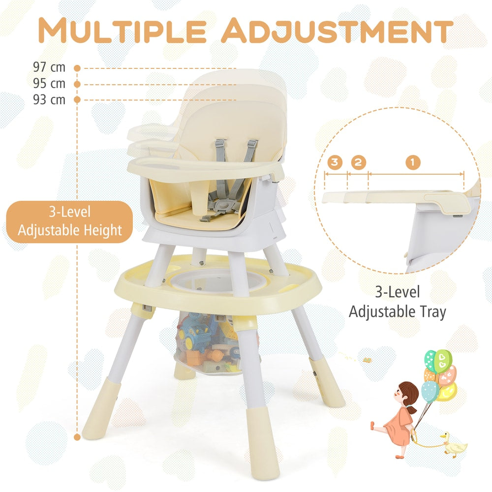 The high chair showing adjustable height levels and a three-position removable tray