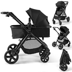 Collage of a black baby stroller in different configurations and folded