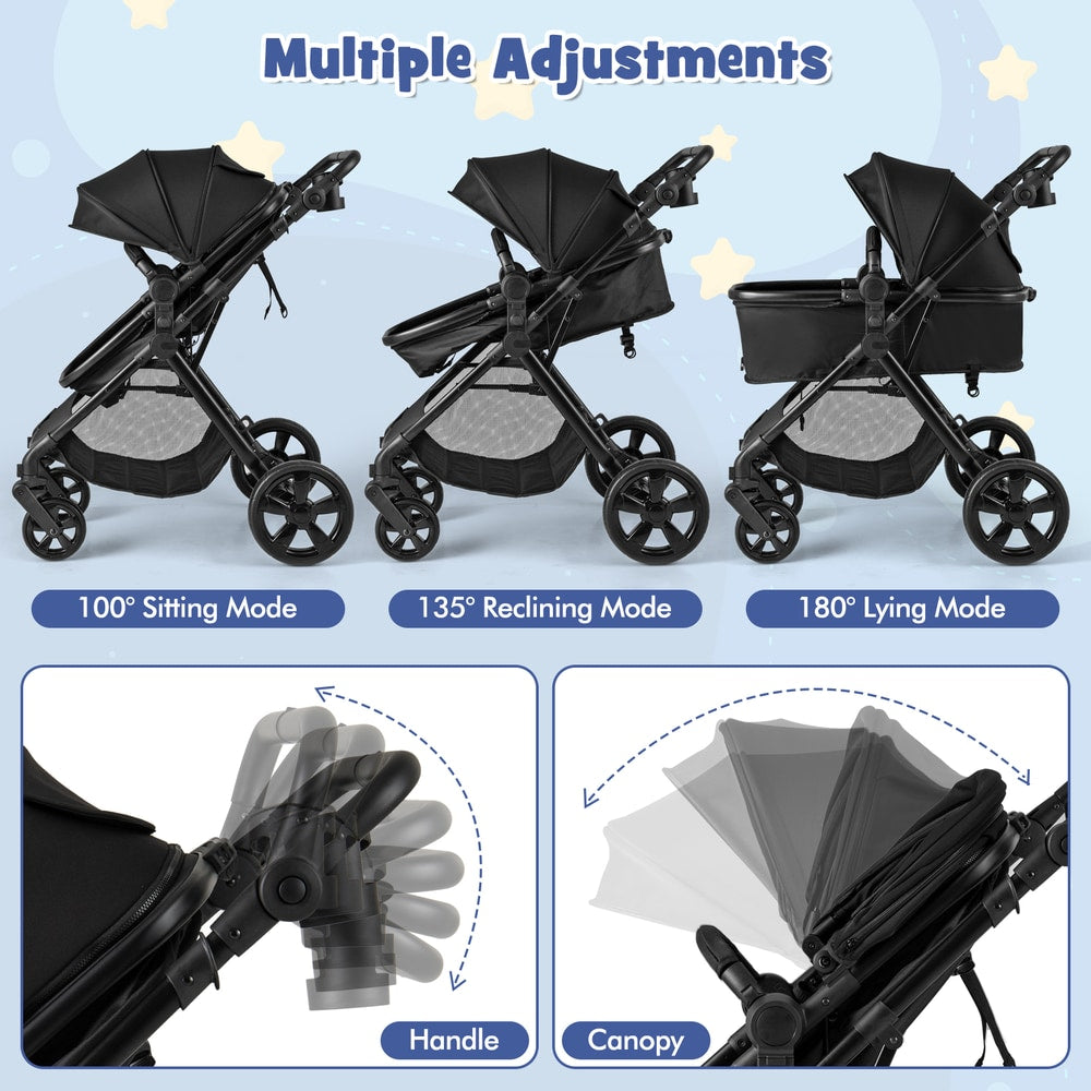 Multiple adjustments shown for the black baby stroller handle and canopy