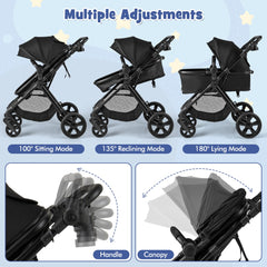 Multiple adjustments shown for the black baby stroller handle and canopy