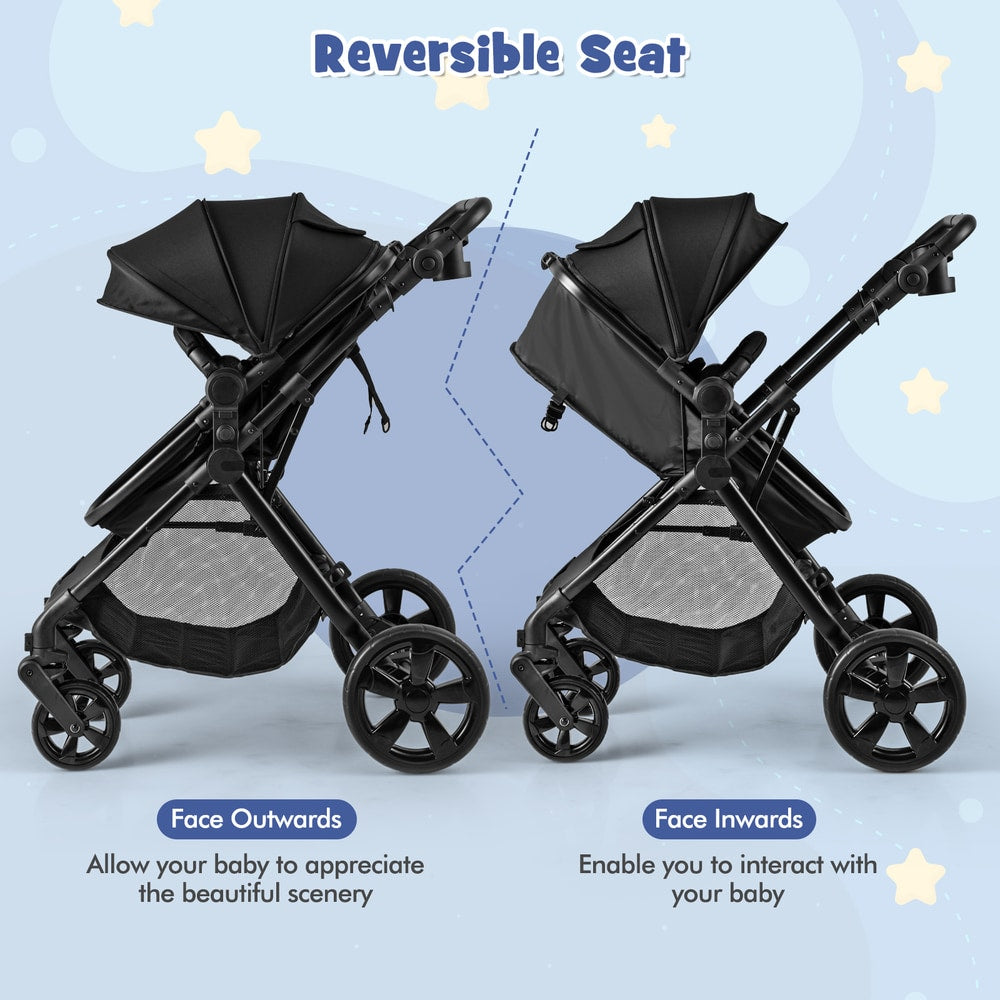 Reversible seat shown on the black baby stroller, facing outwards and inwards