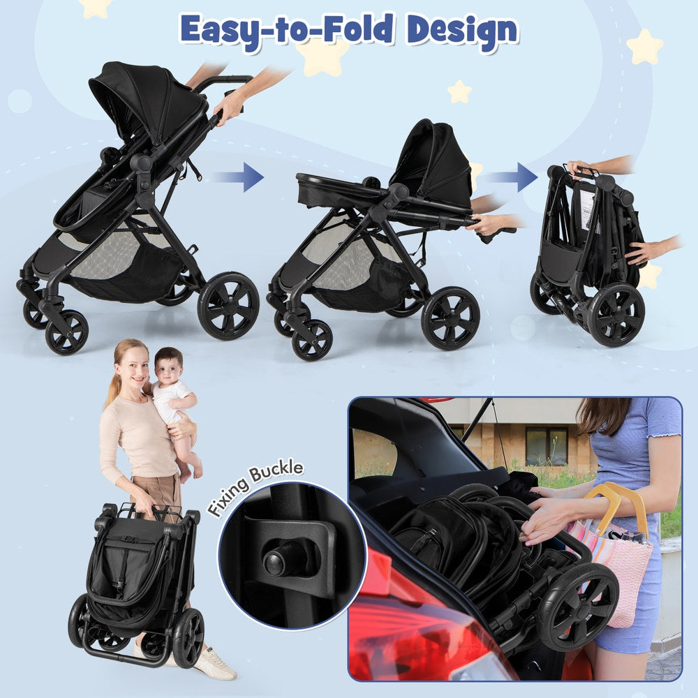 Demonstration of the easy-to-fold design of the black baby stroller