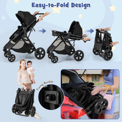 Demonstration of the easy-to-fold design of the black baby stroller