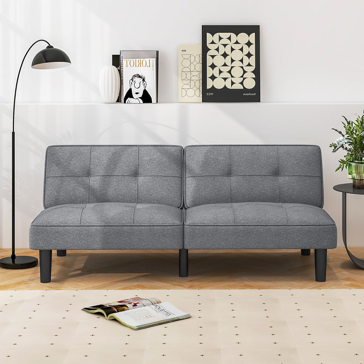 Convertible Folding Futon Sofa Bed with 6-Position Adjustable Backrest and Thick Cushion-Grey
