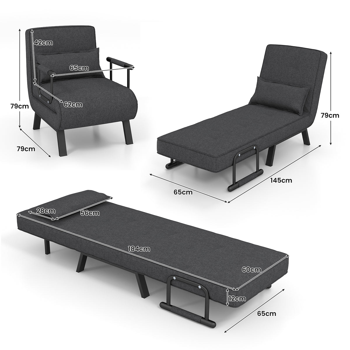 Convertible Sofa Bed 4-in-1 with 6-Position Adjustable Backrest-Dark Grey