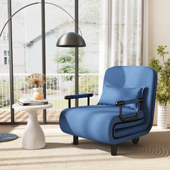 The blue convertible sofa bed standing upright in a modern room with a small side table