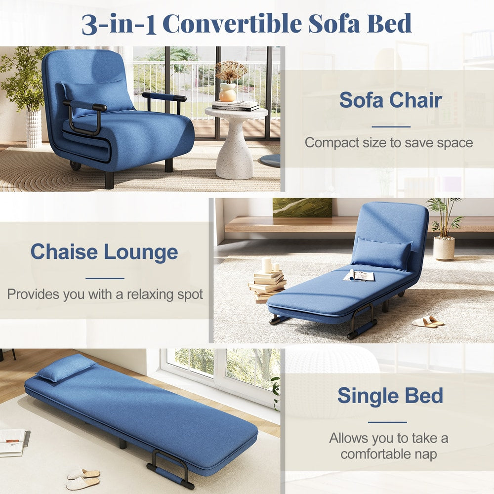 The blue convertible sofa bed displayed in three modes with text labels for each function