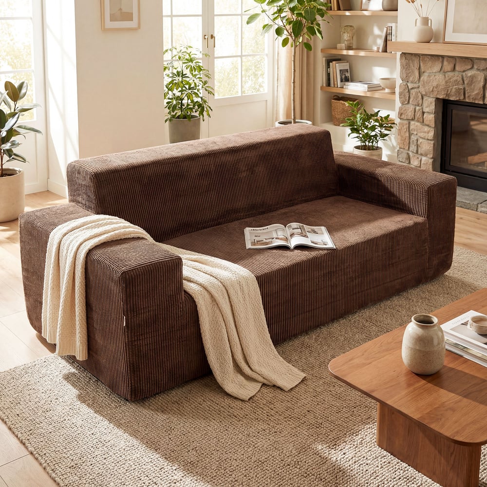 The brown corduroy sofa styled in a bright living room with a cream throw blanket