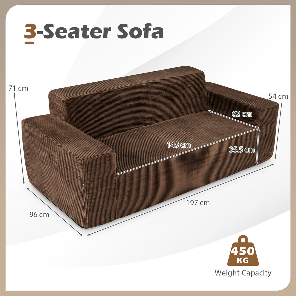 The brown corduroy sofa with white lines indicating its overall dimensions and capacity