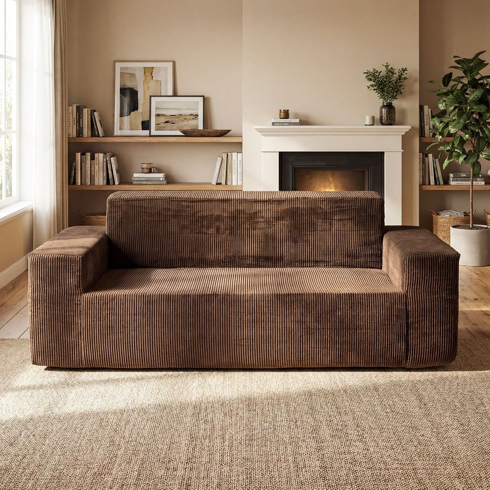 The brown corduroy sofa positioned in a cosy living room with a fireplace