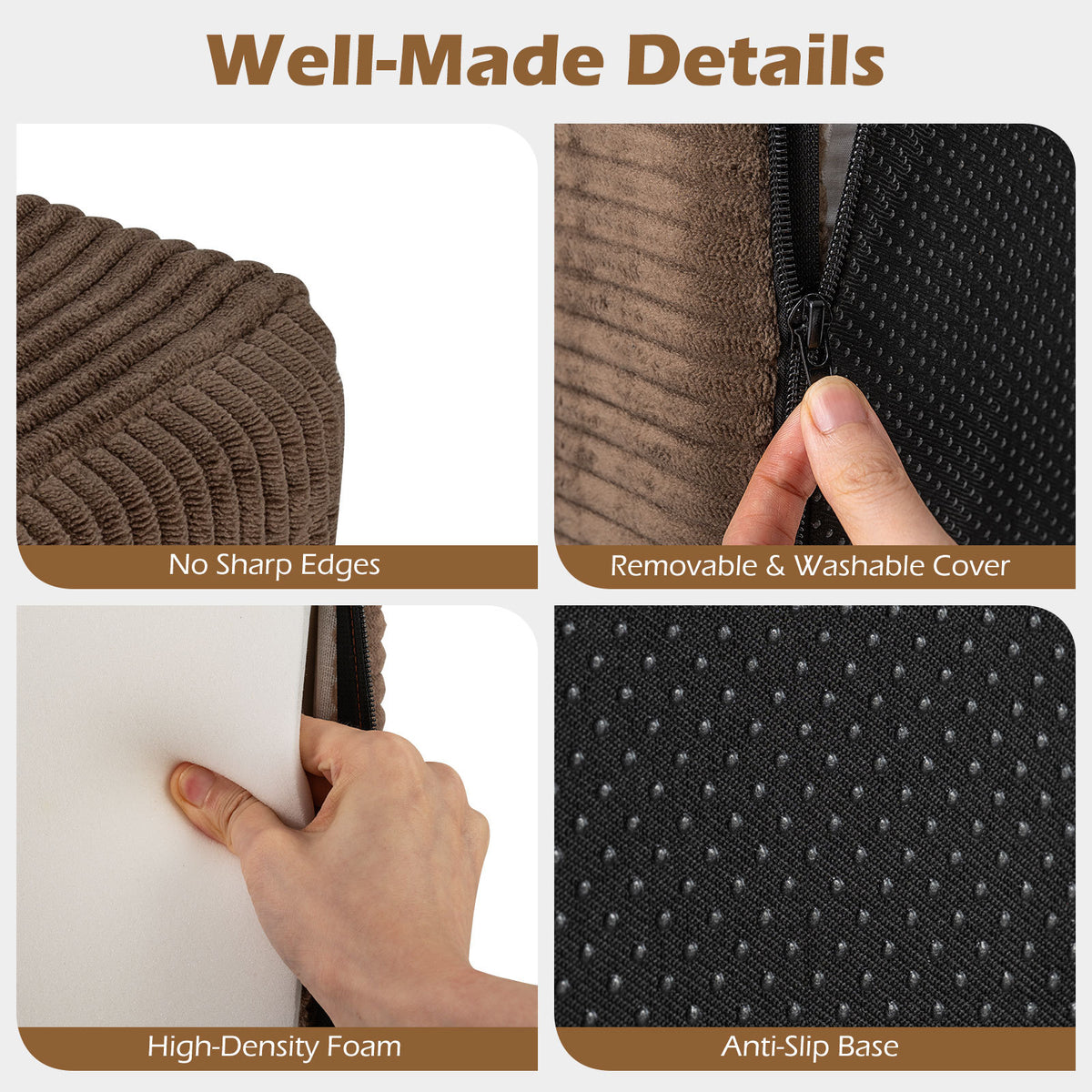 The brown corduroy sofa showing close-up details of the fabric, foam and base