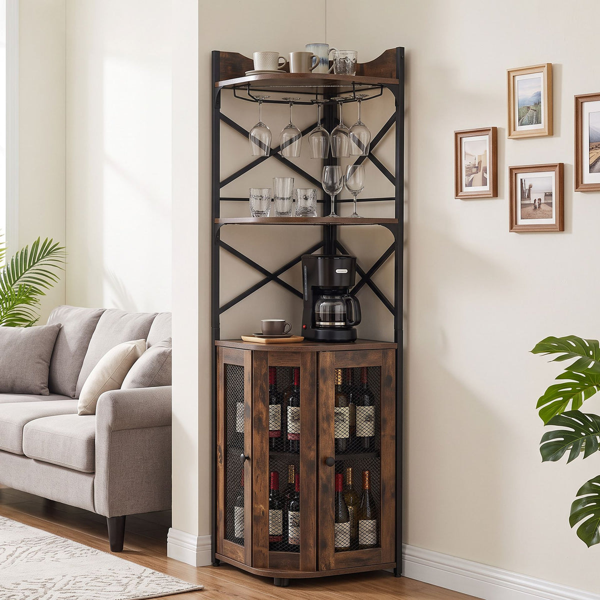Corner Bar Cabinet with LED Lights Power Outlet and Glass Holder Storage Shelves-Rustic Brown