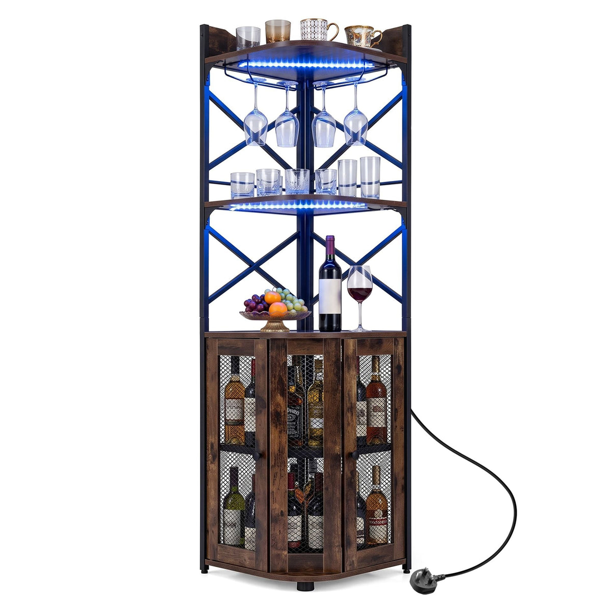 Corner Bar Cabinet with LED Lights Power Outlet and Glass Holder Storage Shelves-Rustic Brown