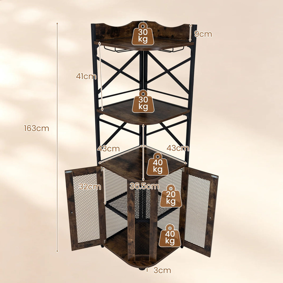 Corner Bar Cabinet with LED Lights Power Outlet and Glass Holder Storage Shelves-Rustic Brown