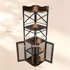 Corner Bar Cabinet with LED Lights Power Outlet and Glass Holder Storage Shelves-Rustic Brown