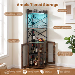 Corner Bar Cabinet with LED Lights Power Outlet and Glass Holder Storage Shelves-Rustic Brown