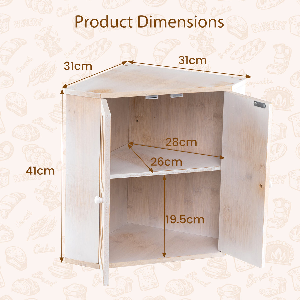 Corner Bread Box for Kitchen Counter Bamboo Double Layer Breadbox Organizer-White