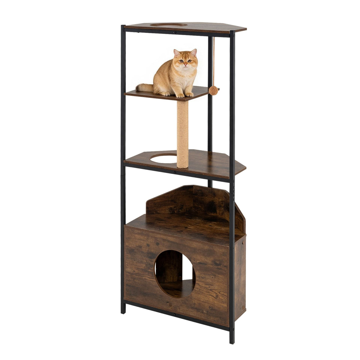 The cat stand with a ginger cat resting on the top platform near the scratching post