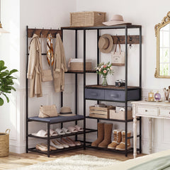 Corner Coat Rack with Shoe Bench and Shelves for Entryway-Rustic Brown