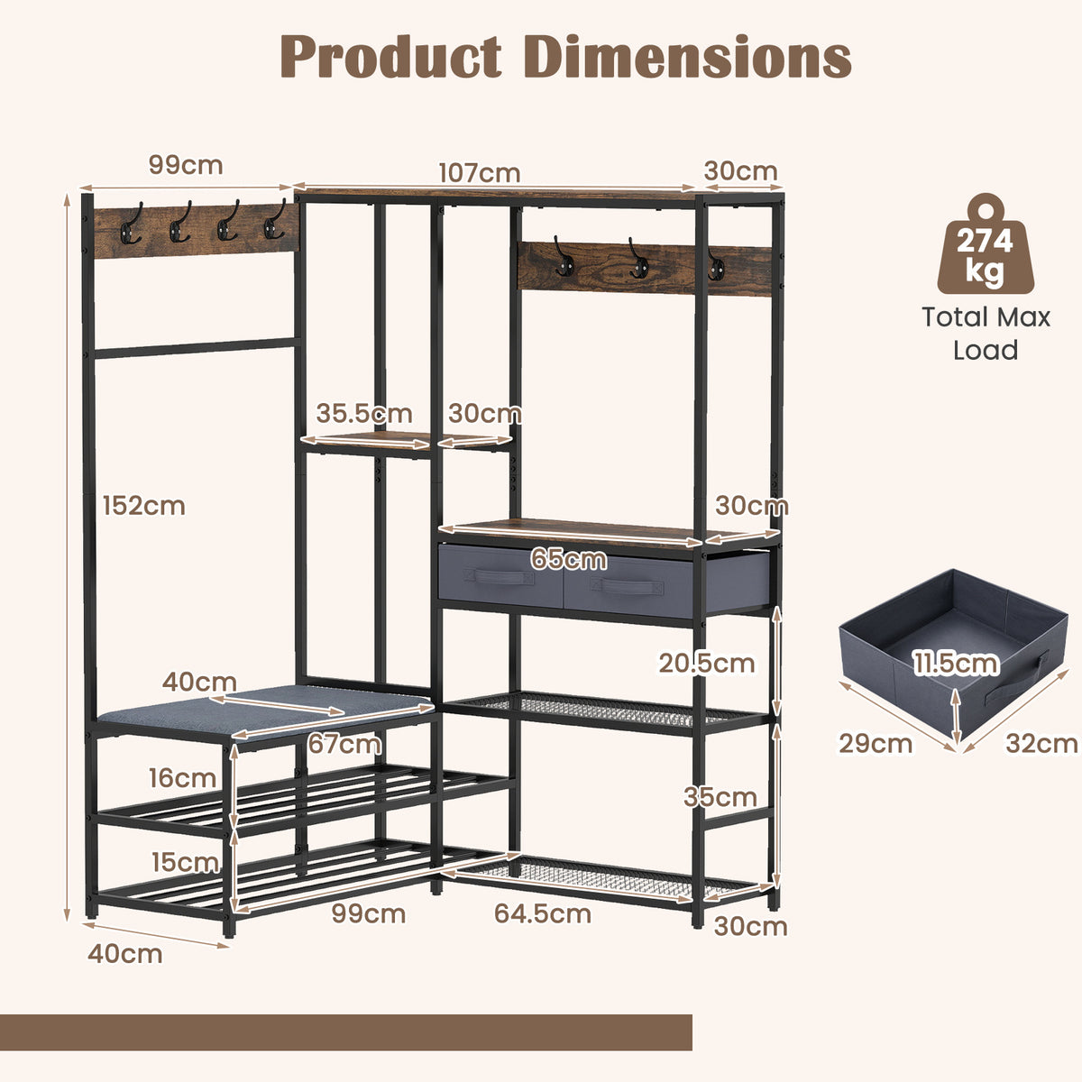 Corner Coat Rack with Shoe Bench and Shelves for Entryway-Rustic Brown