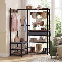 Corner Coat Rack with Shoe Bench and Shelves for Entryway-Rustic Brown