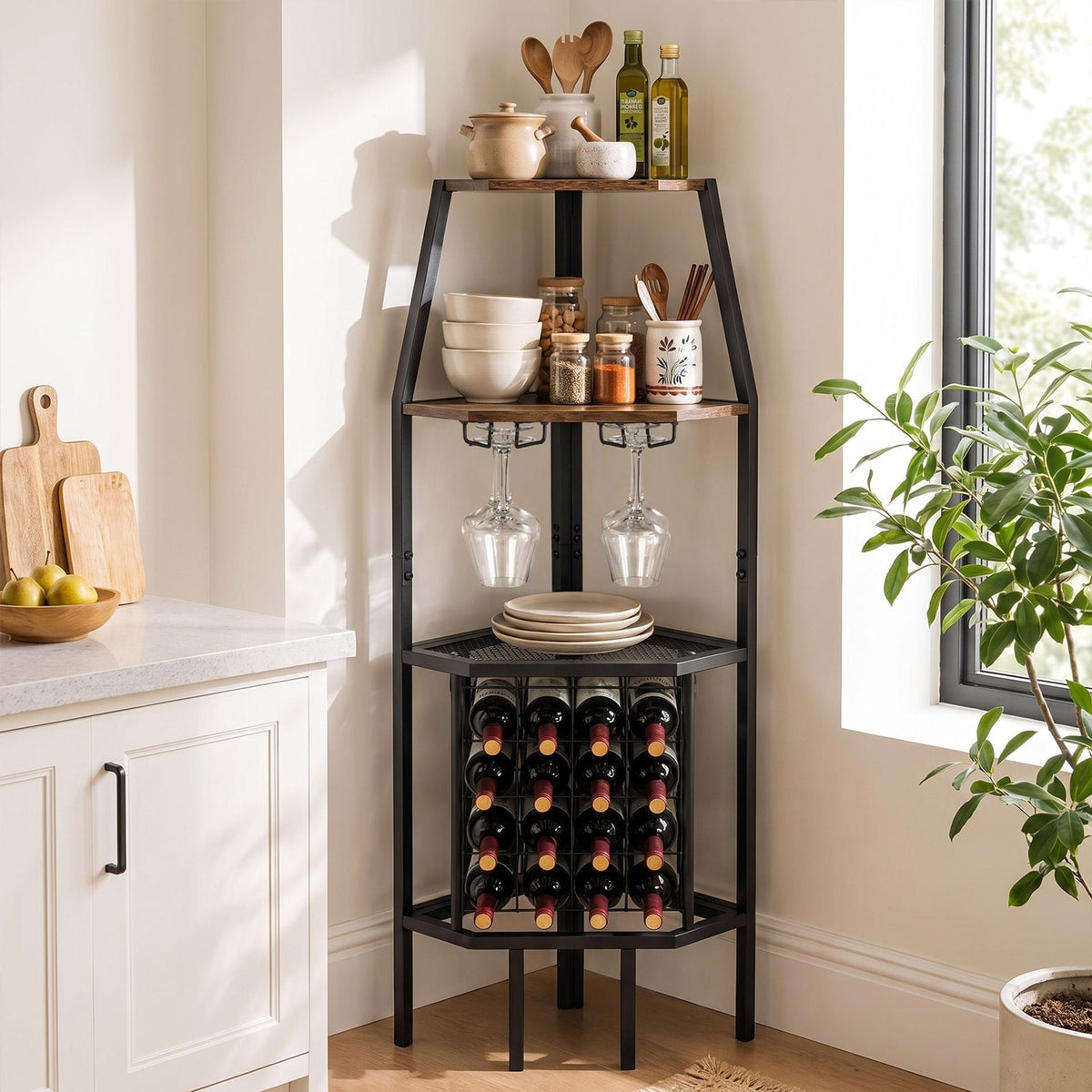 Corner Wine Rack with Glass Holder and Storage Shelves in Rustic Brown, image 6