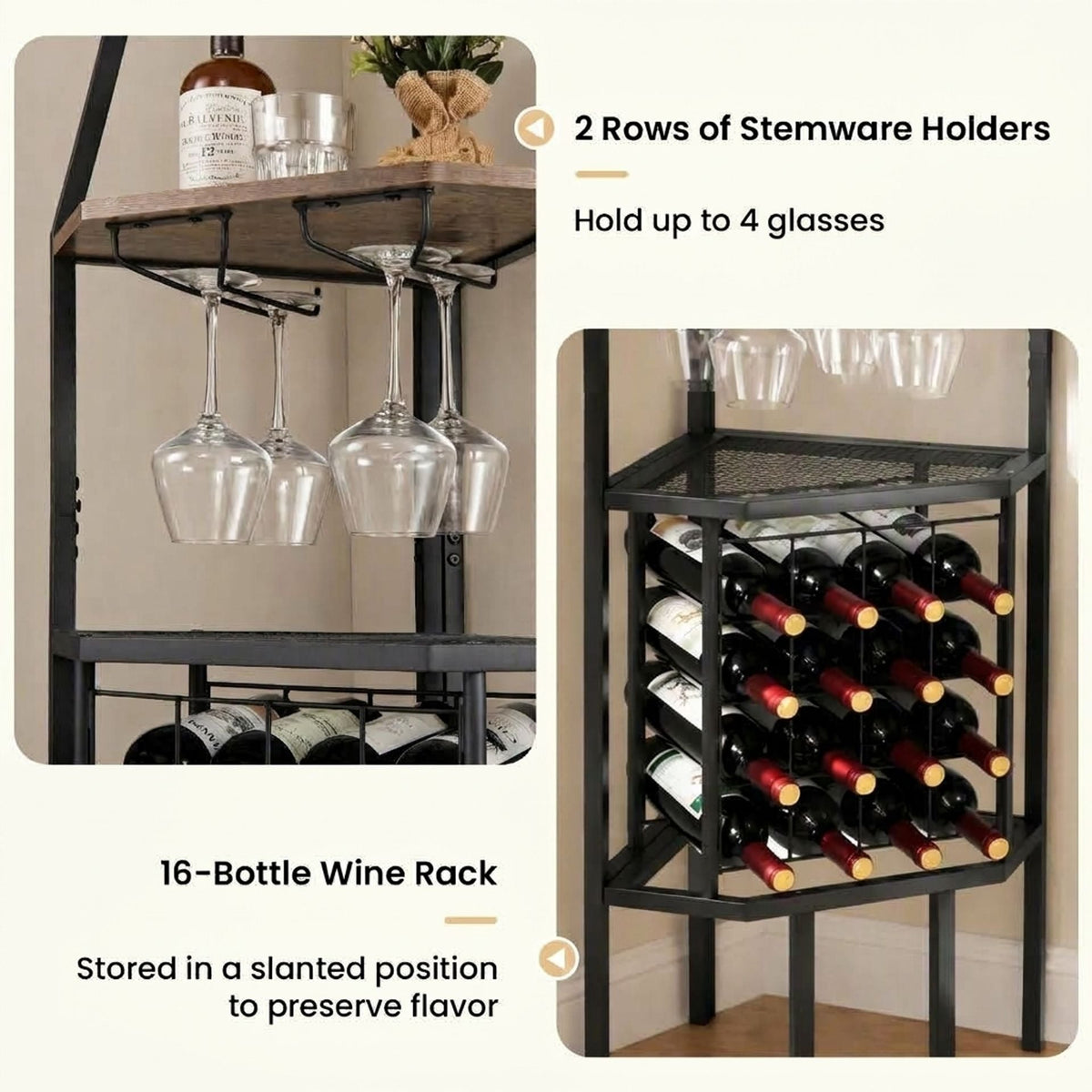 Corner Wine Rack with Glass Holder and Storage Shelves in Rustic Brown, image 7